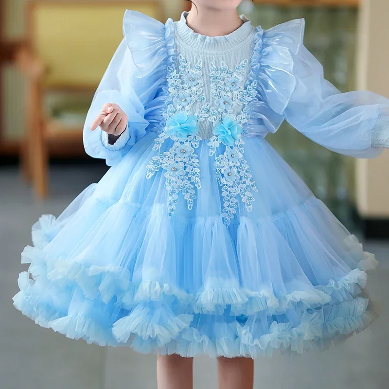 Girls' gauze shaggy short spring and autumn dress dinner dress show Pink Blue Champagne sweet wind # M239