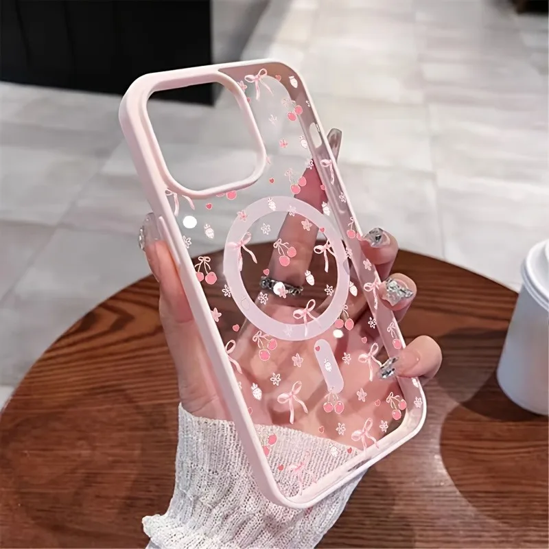 For iPhone 17 Pro Max 16 15 14 13 12 11 Case Cartoon Pink Cherry Small Bow Magnetic Cover For iPhone Air 17E 16E 16 Plus Fundas
