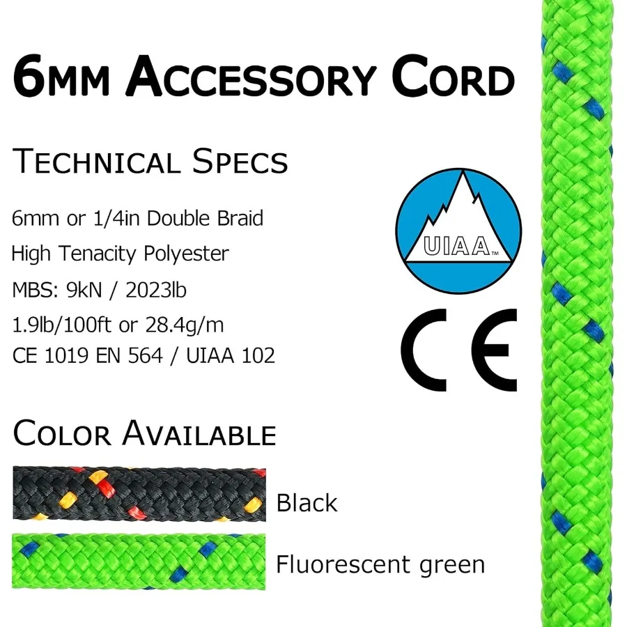 GM CLIMBING 6mm Accessory Cord Rope Double Braid CE UIAA