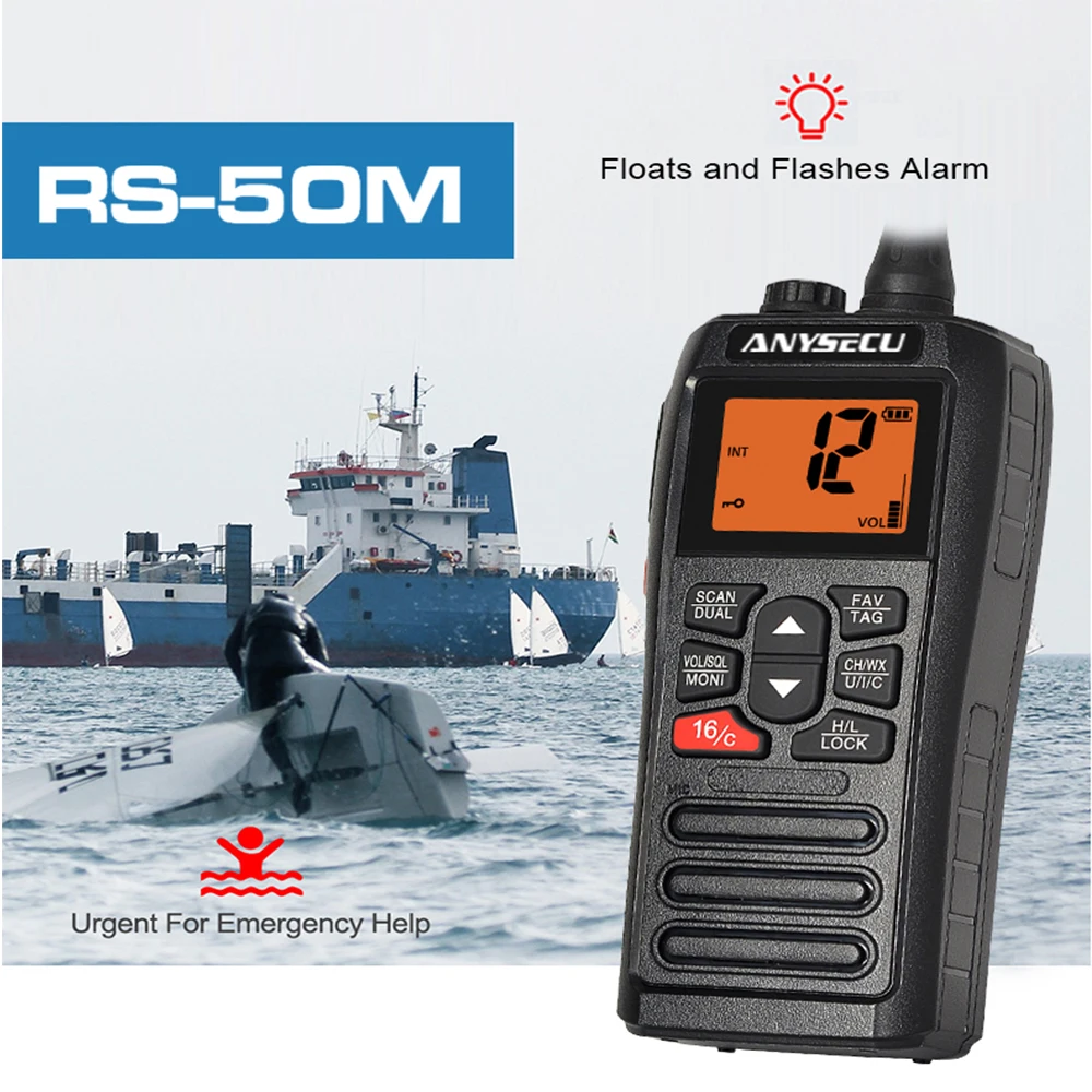 ANYSECU RS-50M VHF Marine Radio IPX7 Waterproof 156.000-161.450MHz Handheld Floating Radio Stadion Walkie Talkie