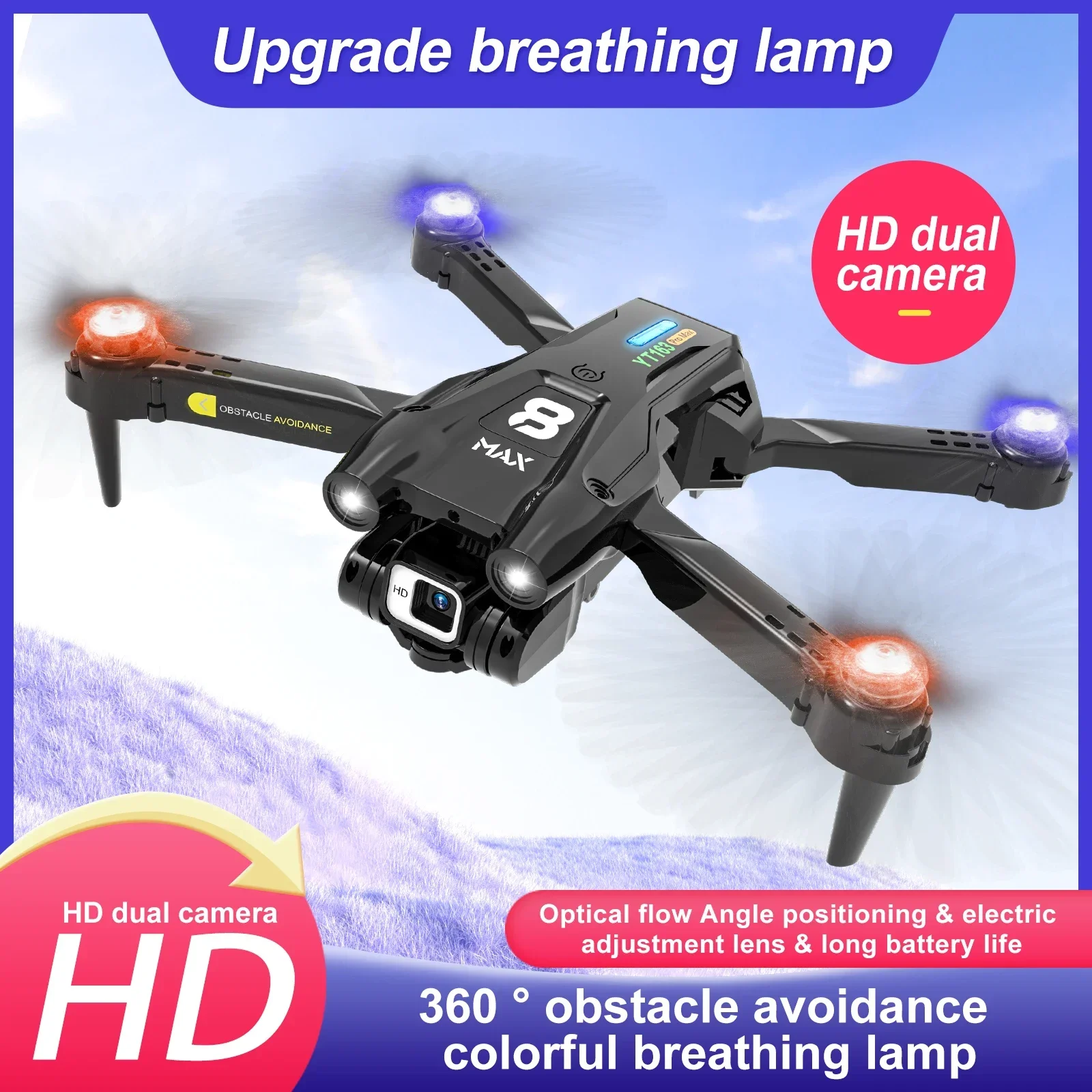 

New YT163 Pro Max Drone 4k Fpv Dual Camera Obstacle Avoidance Brushless Electric HD Optical Flow Positioning with Light Dron Toy