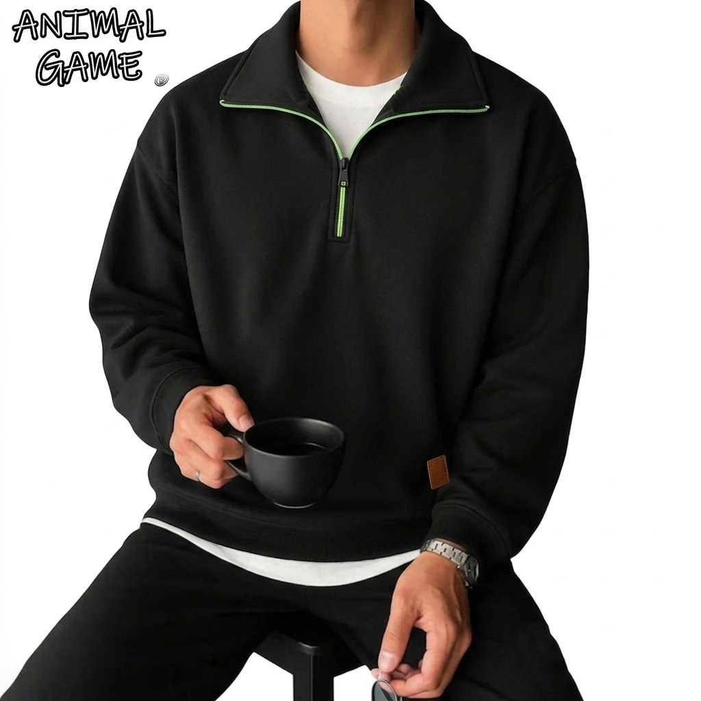 Moletons masculinos de manga comprida com meio zíper, pulôveres lisos de luxo com zíper, casacos casuais masculinos para academia, poleron com zíper c
