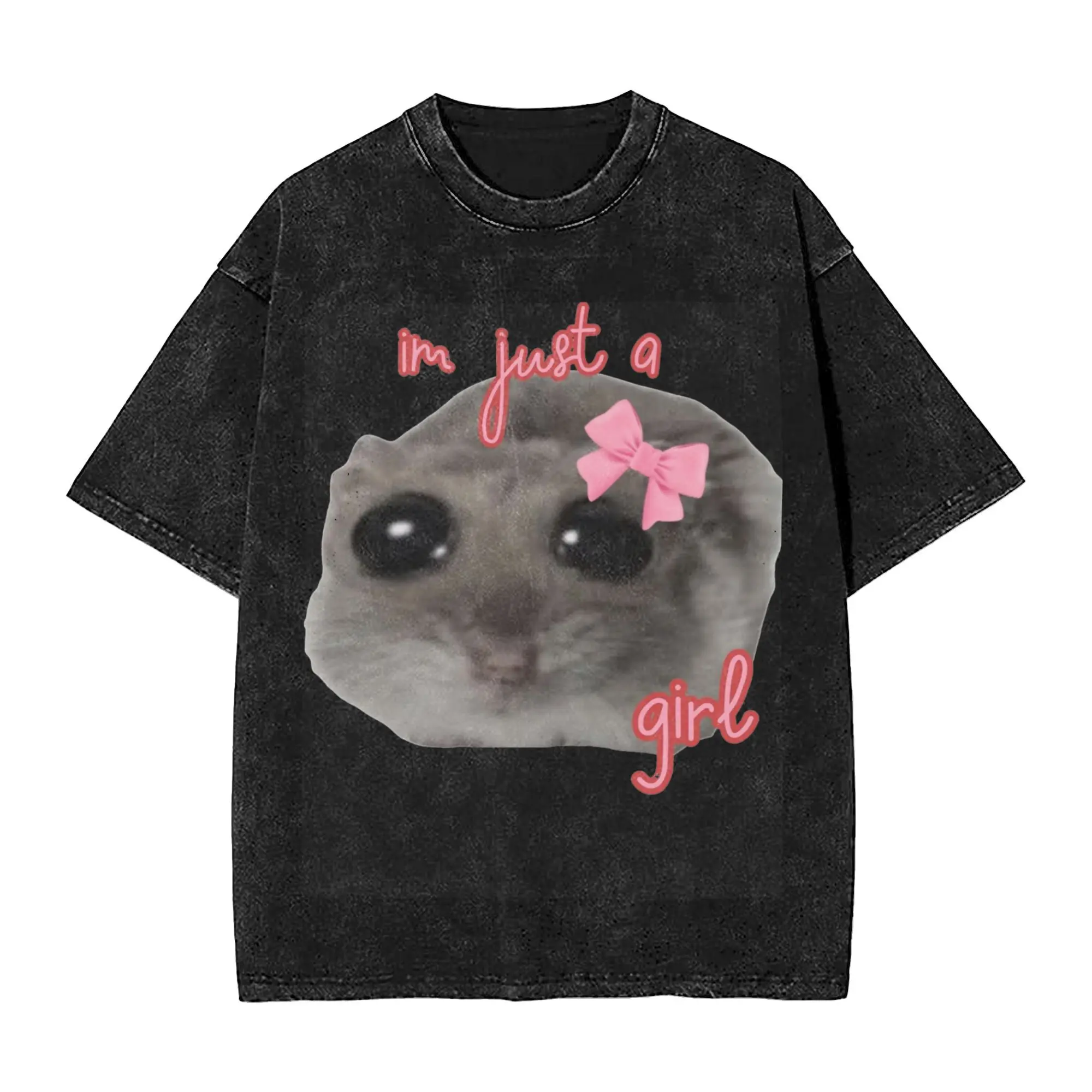 Just a Girl Sad Hamster Meme Washed T Shirt Vintage Harajuku Men Women  Oversize T-Shirts Short Sleeve