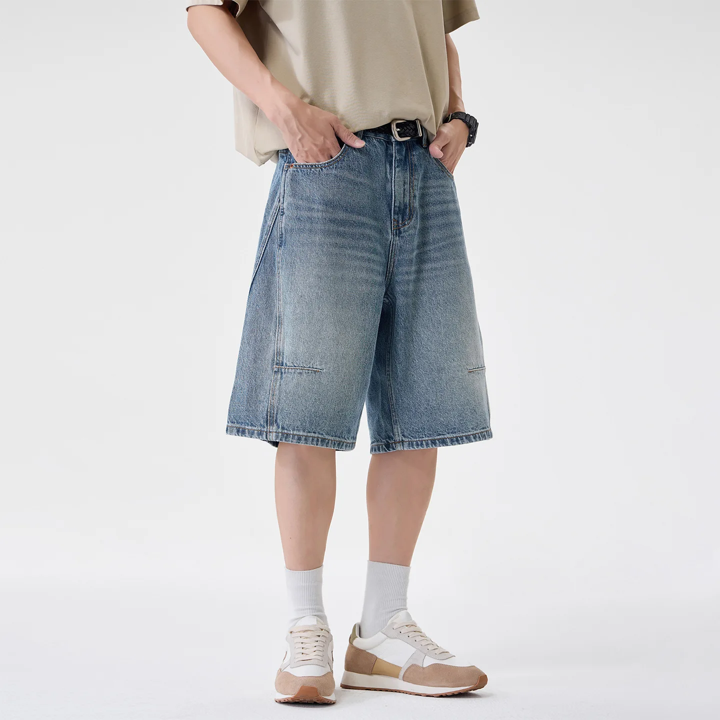 2026 Summer  Denim Shorts Men's Loose Large Size Medium Pants Heavy Washed Straight Five-Point Pants