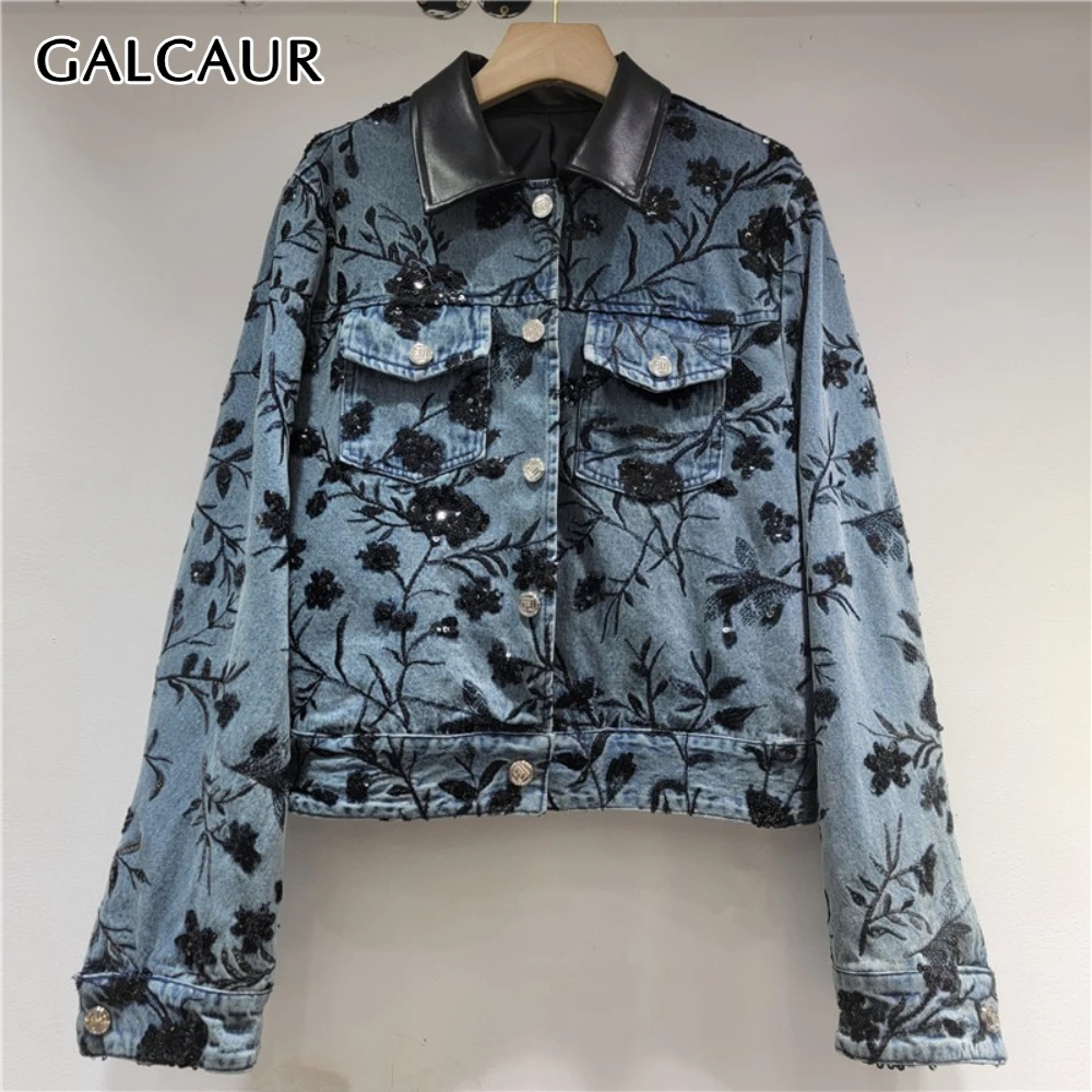 

GALCAUR синяя куртка с вышивкой, женская свободная нежная уличная одежда с лацканами и длинными рукавами, женские куртки, осенний стиль, модная новинка