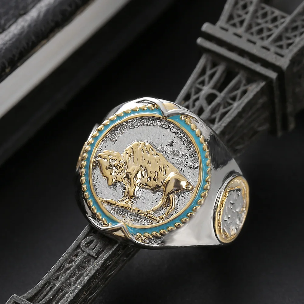 American Western Viking Cowboy Ring for Men Luxury Two Tone Round Shape Carving Buffalo Coin Rings Banquet Antique Jewelry