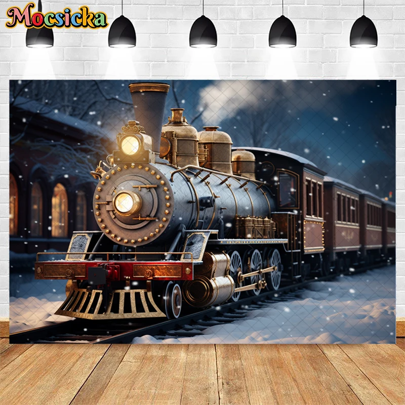 Winter Snow Christmas Fairy Tale World Photography Backdrops Train Pine Tree Santa Claus Photocall Kids Background Photo Studio