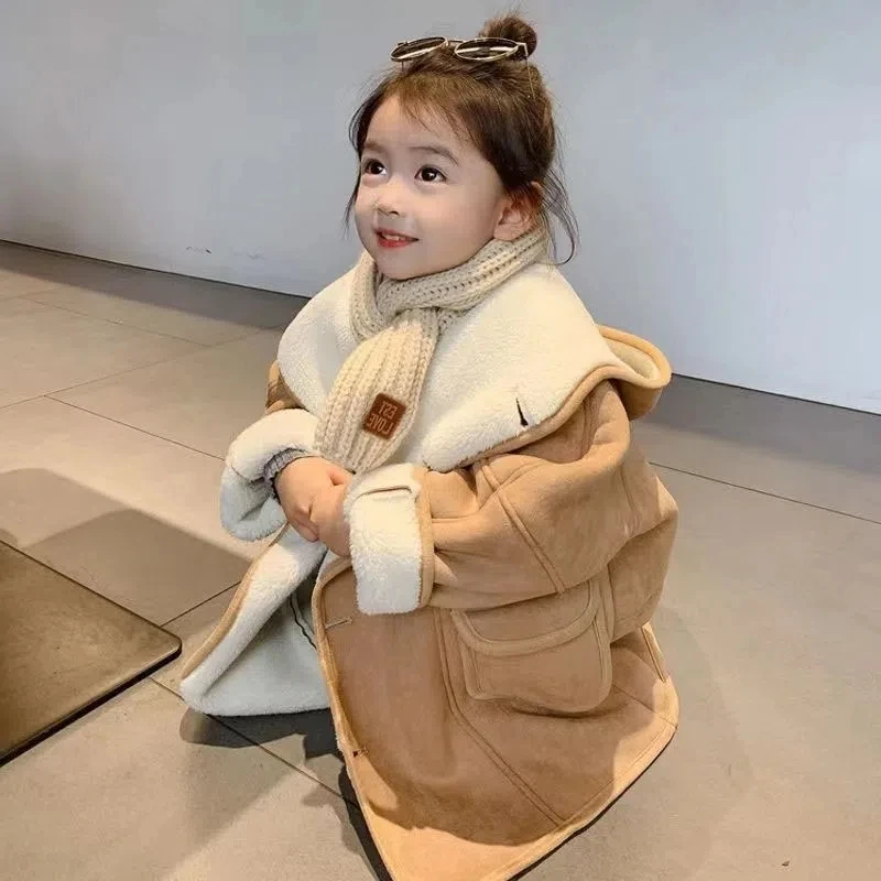 Winter Kids Thick Faux Leather Jacket Coat for Boys Girls Khaki Hooded Long Warm Overcoat Toddler Children Velvet Outerwear Coat