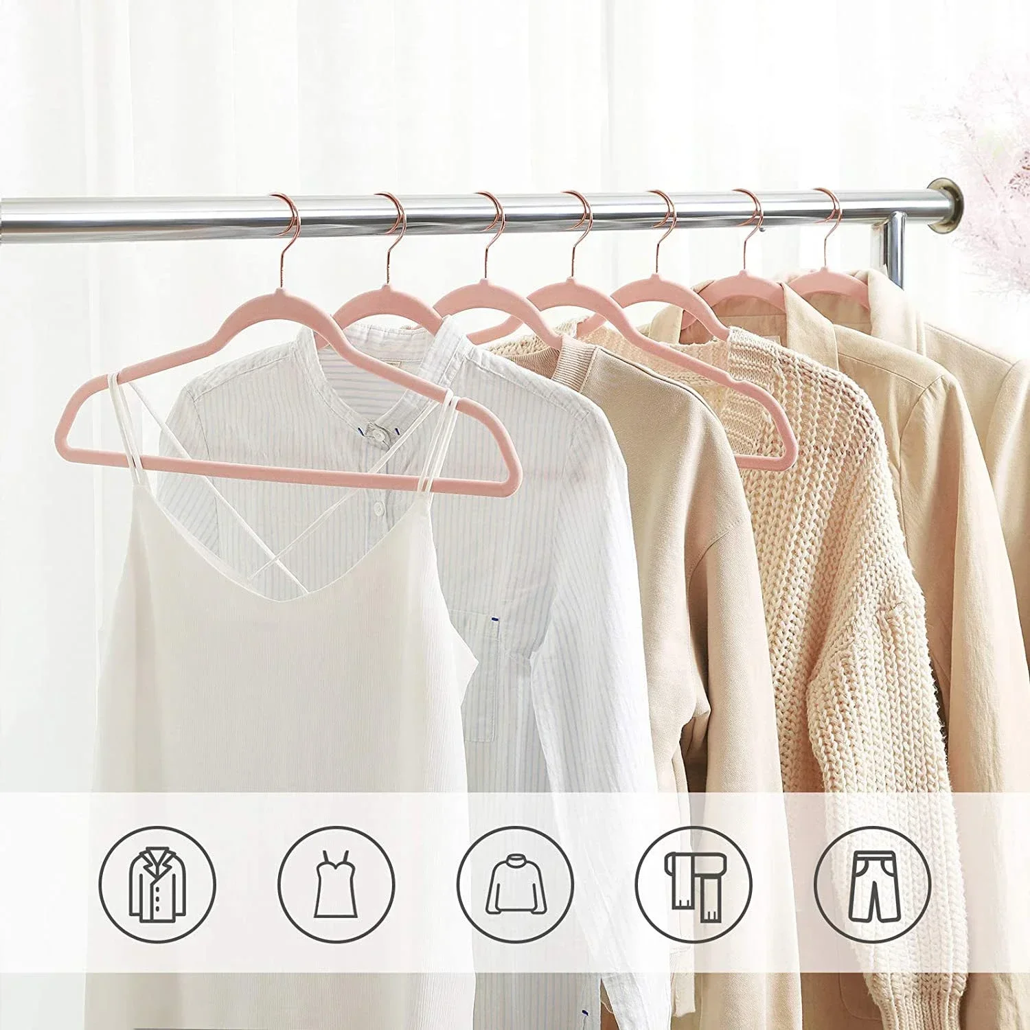 17 In Adult Rose Gold Hook Flocked Clothes Hanger, Plastic Non-slip Velvet Clothes Hanger, Drying Rack Bedroom Storage Rack.