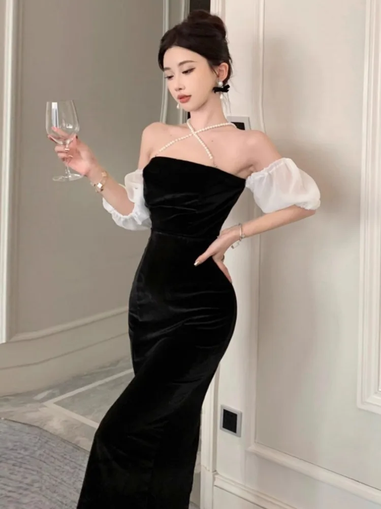 Ezgaga abiti donna Sexy Puff senza maniche Patchwork con spalle scoperte Slash Neck Backless Slim Split Party Dress velluto elegante Chic