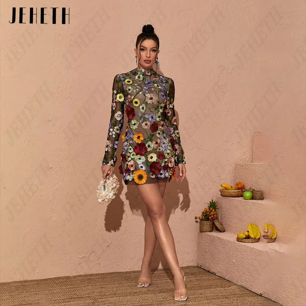 JEHETH Backless Embroidery Mini Prom Dresses Long Sleeves High Neck Floral Straight High Neck 3D Flowers Sexy Vestidos De Gala