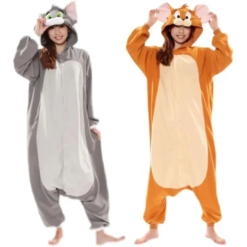

2025 Flannel New Gray Mouse Tom Cat Kigurumi Adult Onesie Cartoon Pajama Animal Halloween Party Costume Jumpsuits Hooded AA