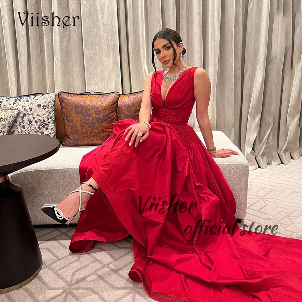 

Viisher Red Taffeta A Line Evening Dresses Sleeveless V Neck Elegant Long Prom Party Dress Dubai Arabic Formal Evening Gown