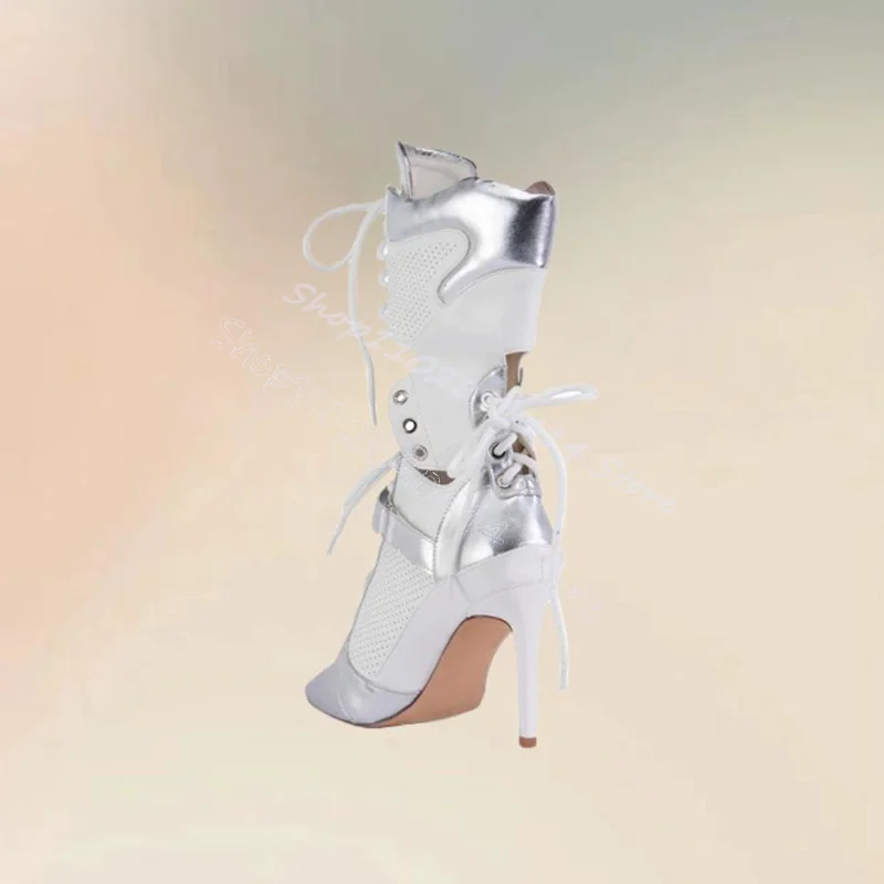 

Серебристые дышащие ботильоны с вырезами и острым носком, на тонком высоком каблуке, с перекрестной шнуровкой, для вечеринок и банкетов, 2026 Zapatos Para Mujeres
