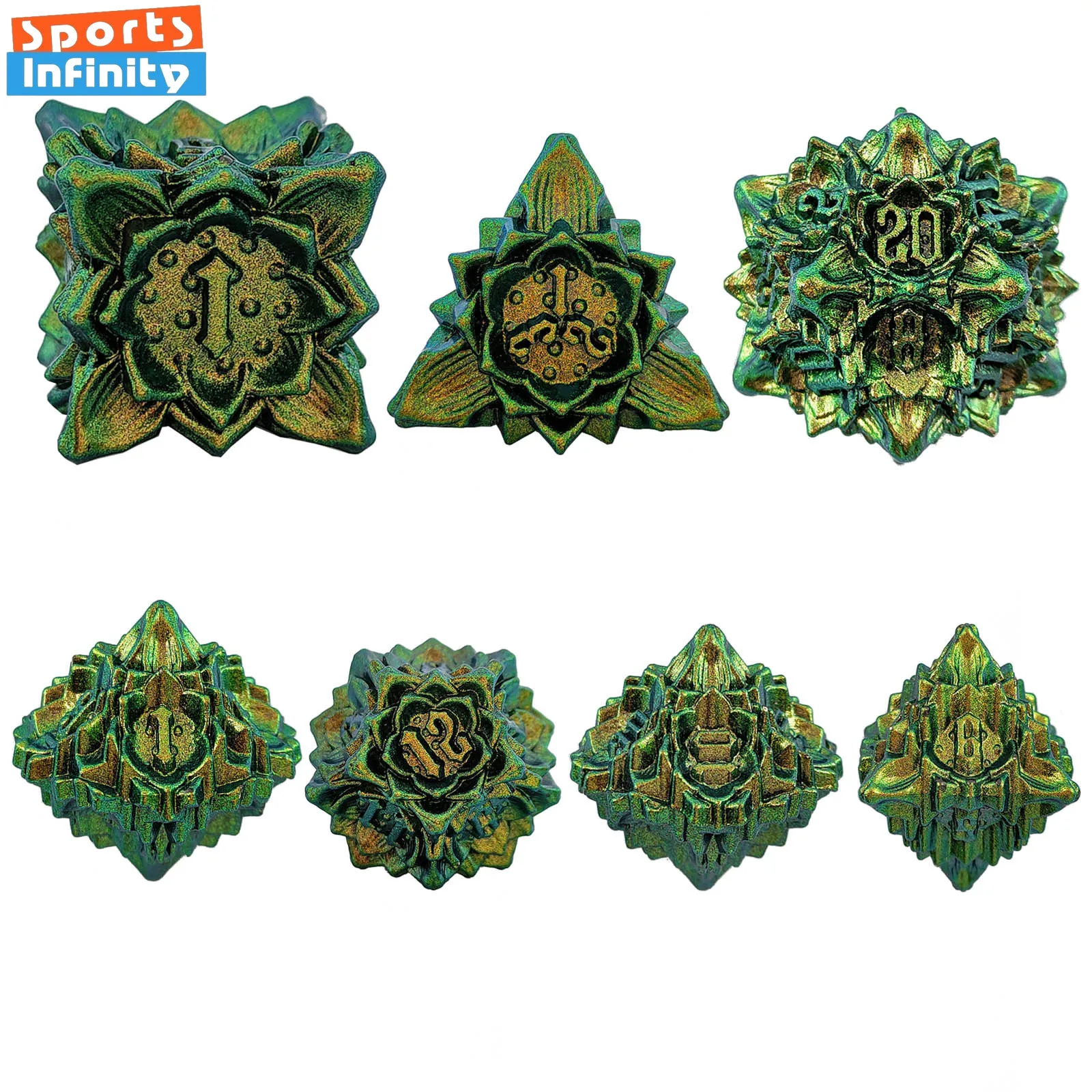 7pcs of Colored Lotus Metal Dice for DND RPG COC Running Team Board Game Number Dice Set Dnd Dice Set Fashion Desktop Decoration