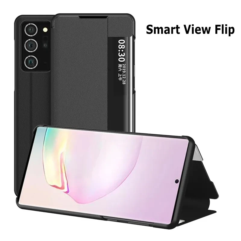 Smart Flip Phone Case For Samsung Galaxy Note 20 Ultra 10 S20 S21 FE S22 Plus A12 A13 4G Side Window View Plastic Leahter Cover