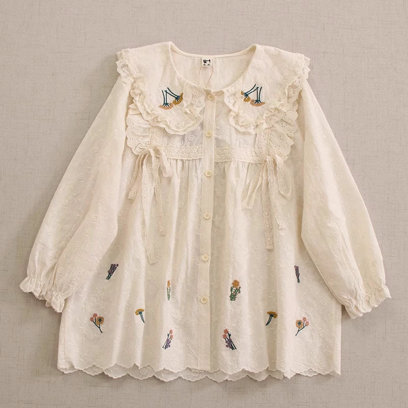 

Retro Chic Floral Cotton Ruffled Lace Collar Tunic Loose White Shirt Women Rococo Vintage Cottage Core Mori Girl Blouse Tops