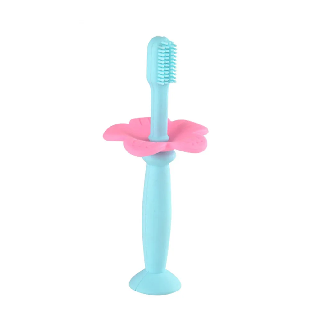 2Pcs Silicone Toothbrush Set with Protective Baffle Umbrella Shape Soft Bristles Teething Pad Suction Cup Design for
