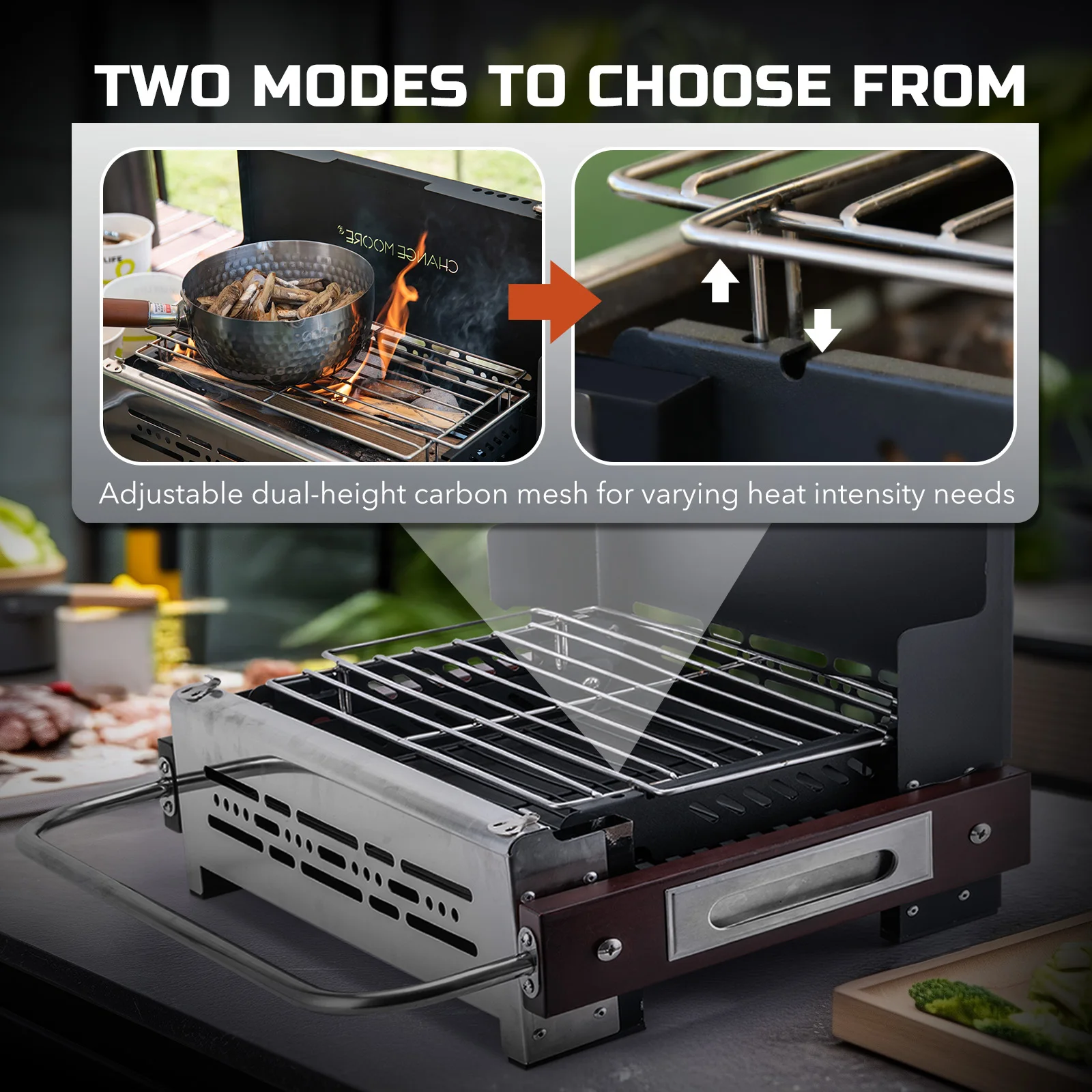 Change Moore Portable Folding Stove with Adjustable Dual-height Carbon Mesh 304 Stainless Steel Oven for Outdoor Camping Picnics