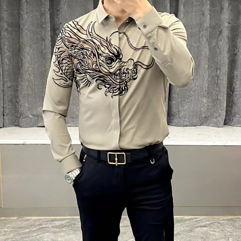 Spring Autumn Men's Shirt Casual Versatile Luxury Ancient Style Explosive High End Dragon Head Printed Long Sleeve Shirt