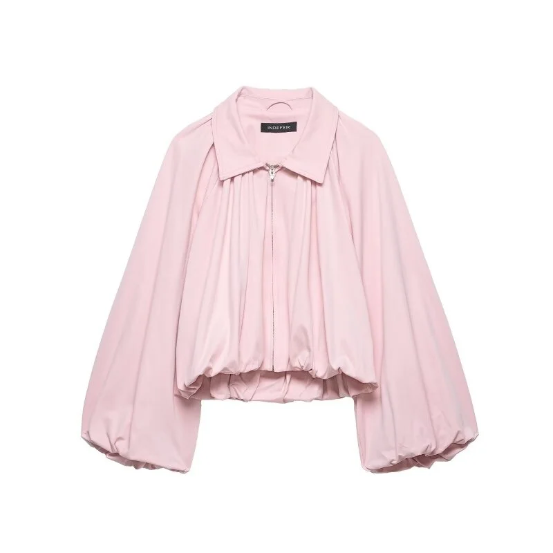 Women's Spring Autumn Cute Pink Lapel Puff Sleeve Pleated Long Sleeve Jacket, Zip Up, Sweet and Versatile for Daily Wear