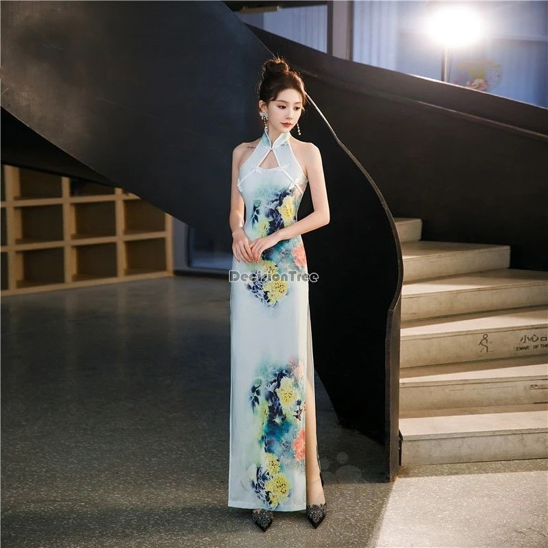 

2025 new chinese traditional style hanging neck cheongsam dress summer slimming elastic elegant women classical dance cheongsam