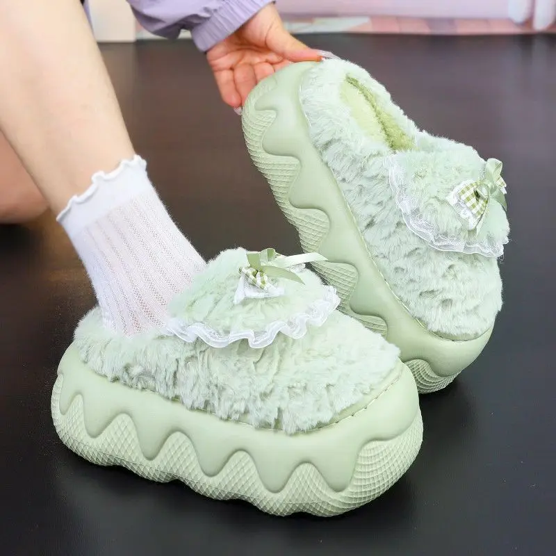 

2025 New Platform 6cm stitch Slippers Woman High Heels Chunky Fluffy Slides Designer Bow Furry Shoes with Lace Surrounding Shoes