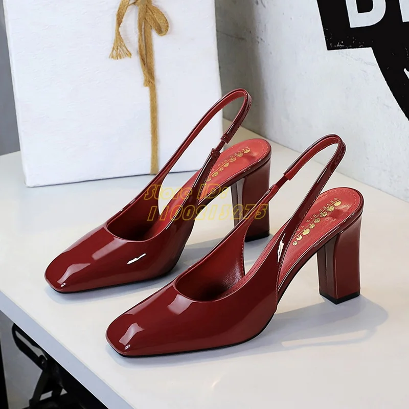 

Patent Leather Square Toe Pumps Block Heel Back Strap Slip On Runway 2025 Autumn Spring Women Dress Shoes Handmade Burgundy