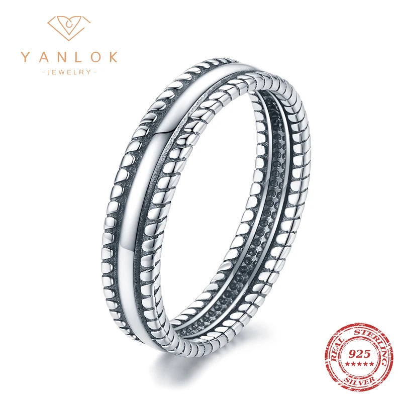 

YANLOK Stackable Vintage Geometric Finger Ring Genuine 925 Sterling Silver Round Ring for Women Punk HipHop Fine Jewelry Gift