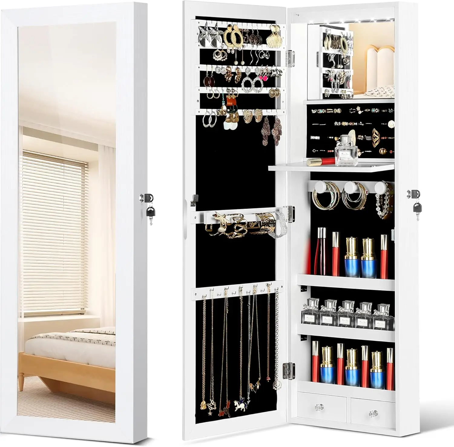 

Full-Length Mirror Jewelry Organizer with LED Lights, Wall/Door Mounted Storage Cabinet in White