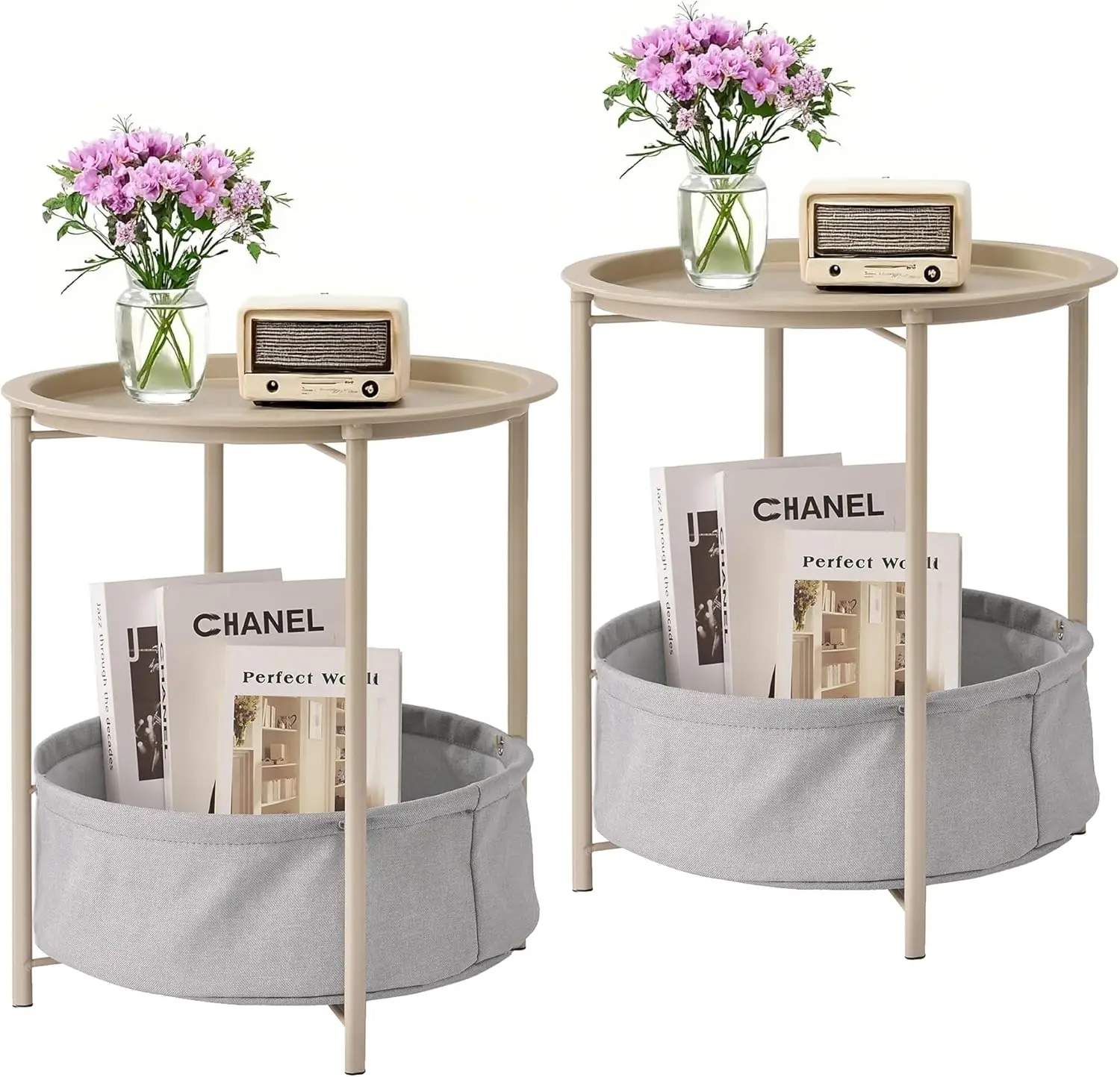 

Round Side Table with Fabric Storage Basket, Metal Nightstand with Removable Tray Top