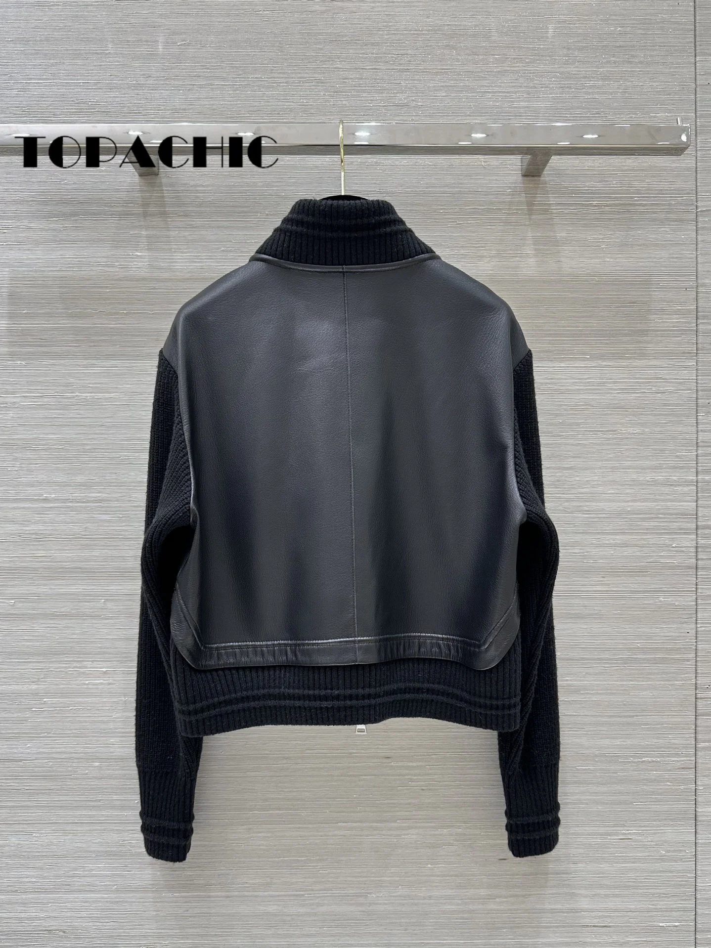 9.1 TOPACHIC-Women High Quality Coarse Yarn Knit Long Sleeve Spliced Genuine Leather Jacket Casual Straight Sheepskin Zipper