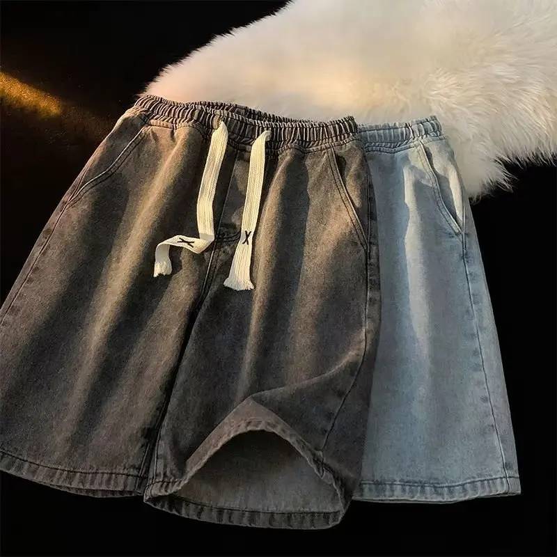 

American Workwear Men's Summer Thin Denim Shorts Loose Fit Casual High Waist Drawstring Closure Teenage Fashion Straight Leg ...