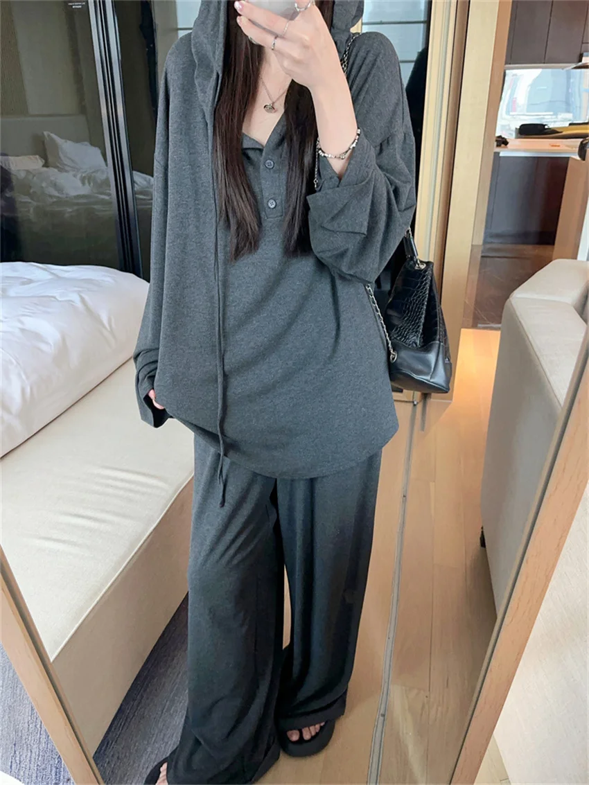 

PLAMTEE 2024 Autumn Hooded Sweatshirts Loose Women Casual Chic Sets Office Lady Straight Pants High Street OL Wide Leg Suits