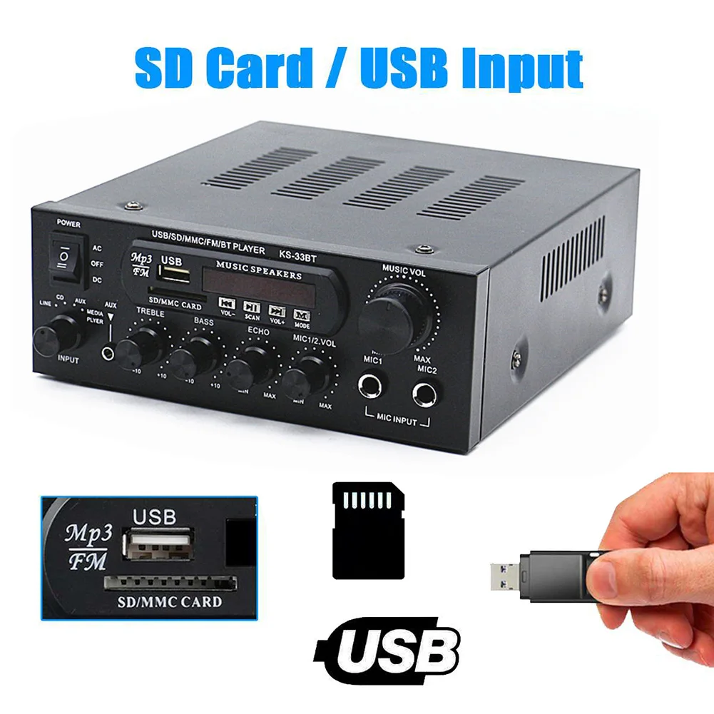 

KS-33BT 800W домашние Цифровые усилители 2 канала Bluetooth 5,0 объемный звук FM USB пульт дистанционного управления HIFI Динамик цифрового усилителя