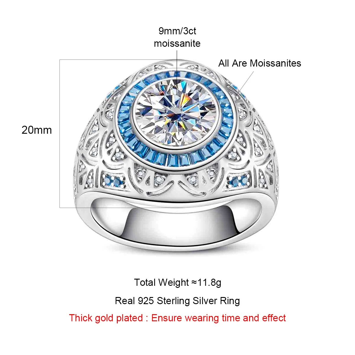 Men 18K Gold Plated S925 Sterling Silver Anti-allergy Vintage Engagement Promise Ring 3CT D Color VVS1 Moissanite Pass Diamond Tester With GRA Certificate Tarnish Resistant Luxury Daily Wedding Fine Jewelry Anniversary Birthday Gift For Him view 7