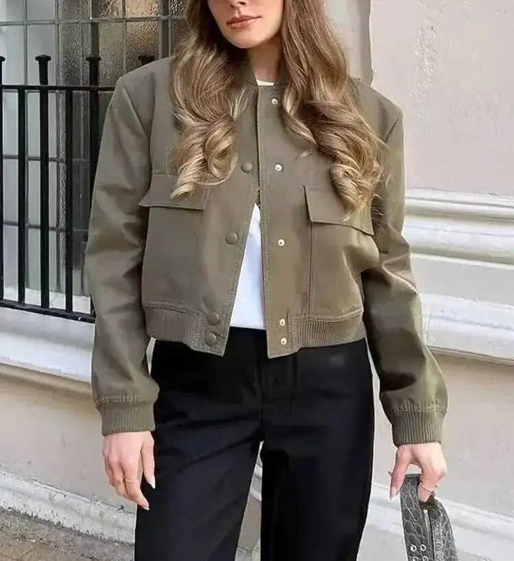 Fashion Bomber Jacket For Women Casual Solid Long Sleeve Button Crop Coat With Pocket Female Vintage Loose Outwear