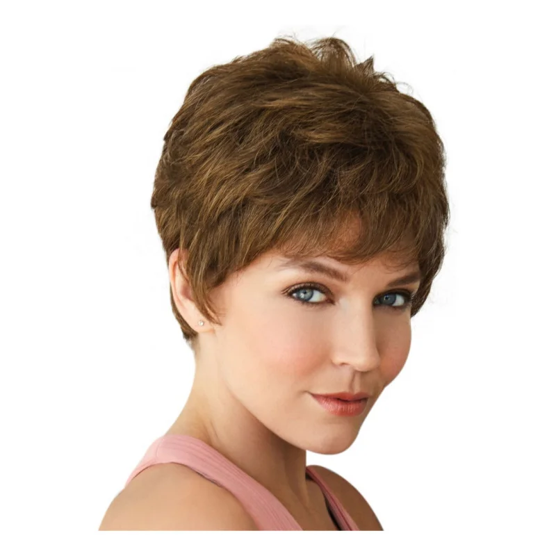 

Короткие парики в стиле пикси для белых женщин, блонд с коричневым, волнистые, многослойные, синтетические, с челкой, естественный вид, для повседневной носки и вечеринок