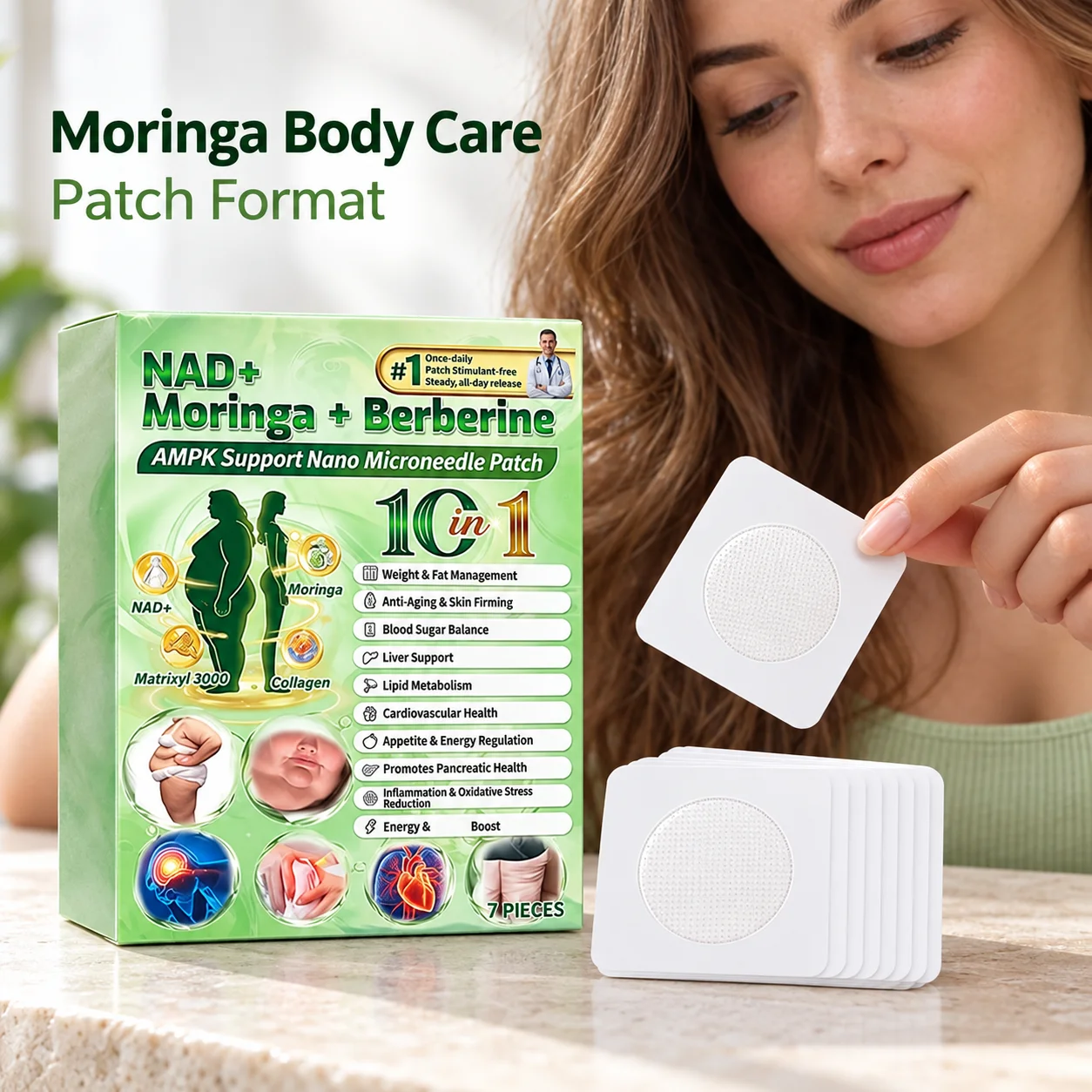 Nano Microneedle Body Patches With Moringa And Collagen Supplied In A Pack Of Seven With NAD Plus And Berberine In The Formula