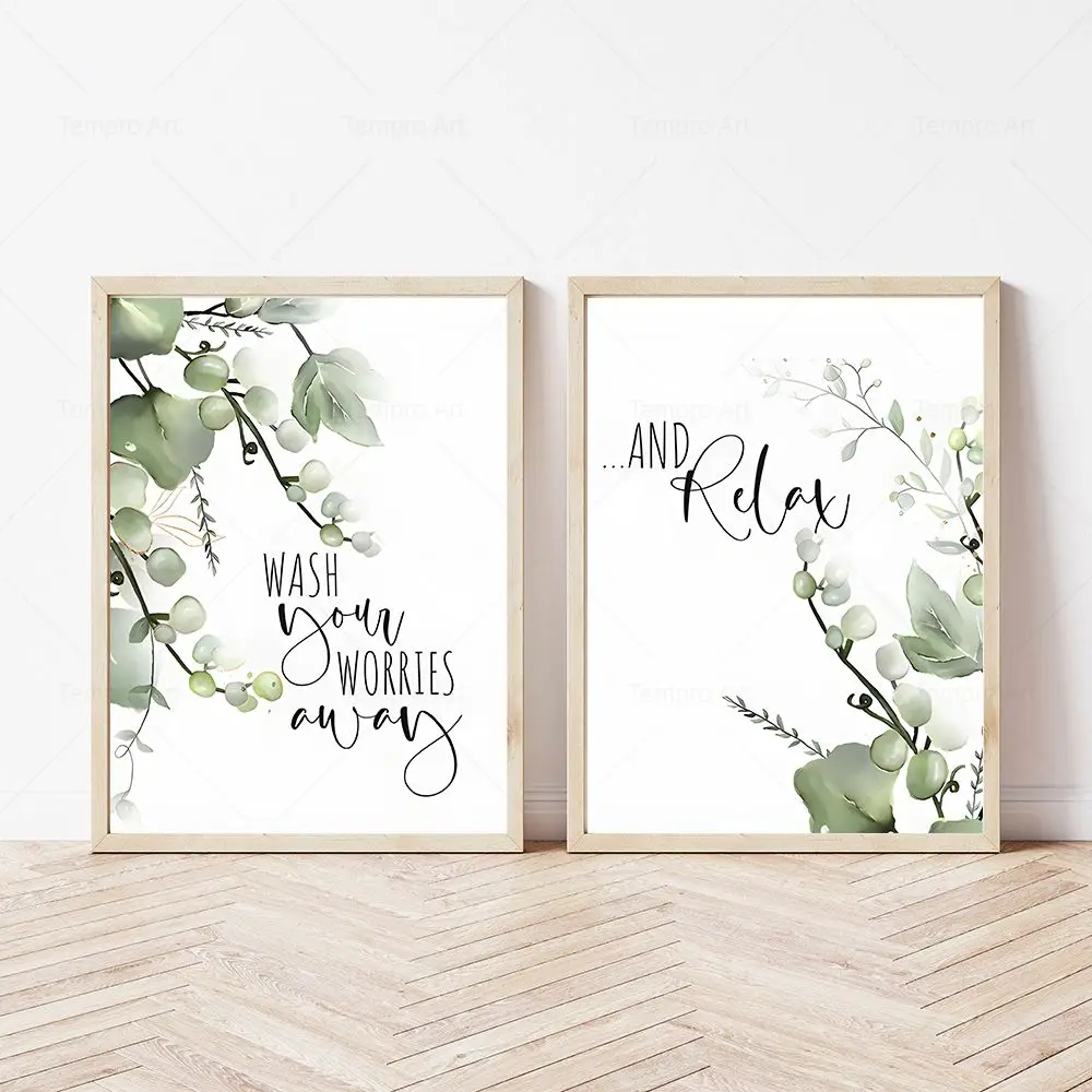 

Botanical Tropical Leaves Wash Your Worries Away And Relax Quote Wall Art Picture Bathroom Poster Print Canvas Painting Decor
