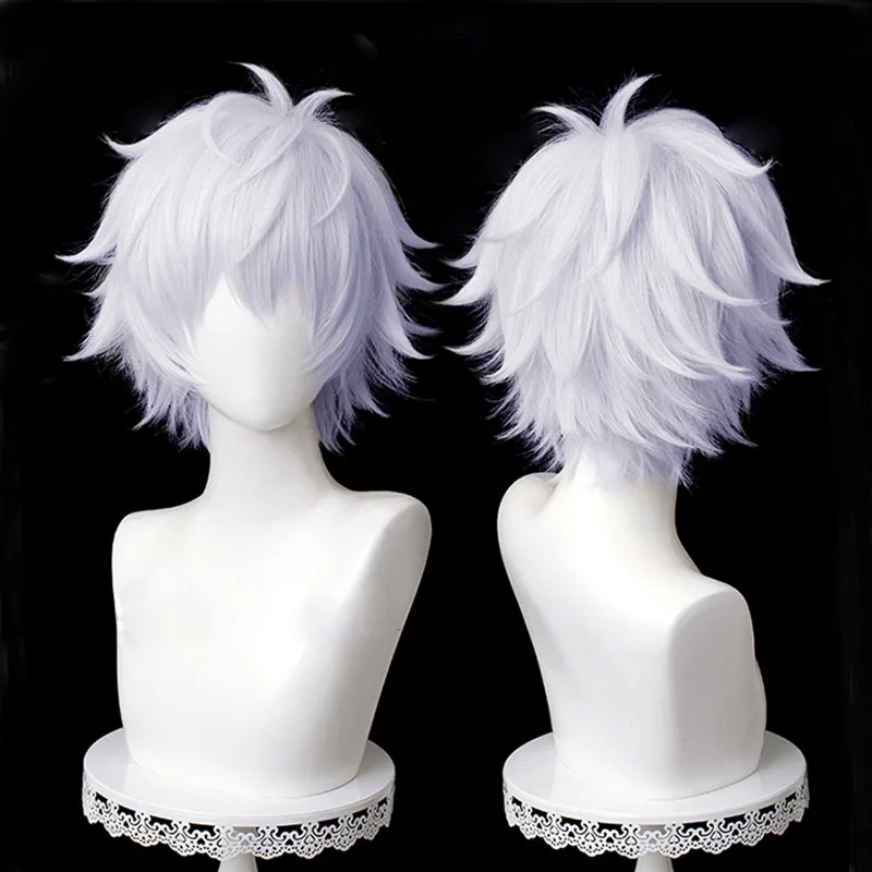 Pelucas de Cosplay de Anime Gojo Satoru, pelo sintético de capas cortas, plata, resistente al calor, gorra