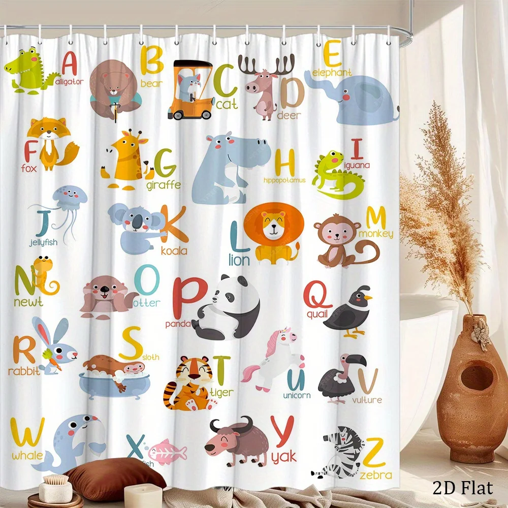 Animal Alphabet Shower Curtain Cute Cartoon Animals A-Z Print Polyester Bath Curtain with Hooks for Kids Bathroom Decor