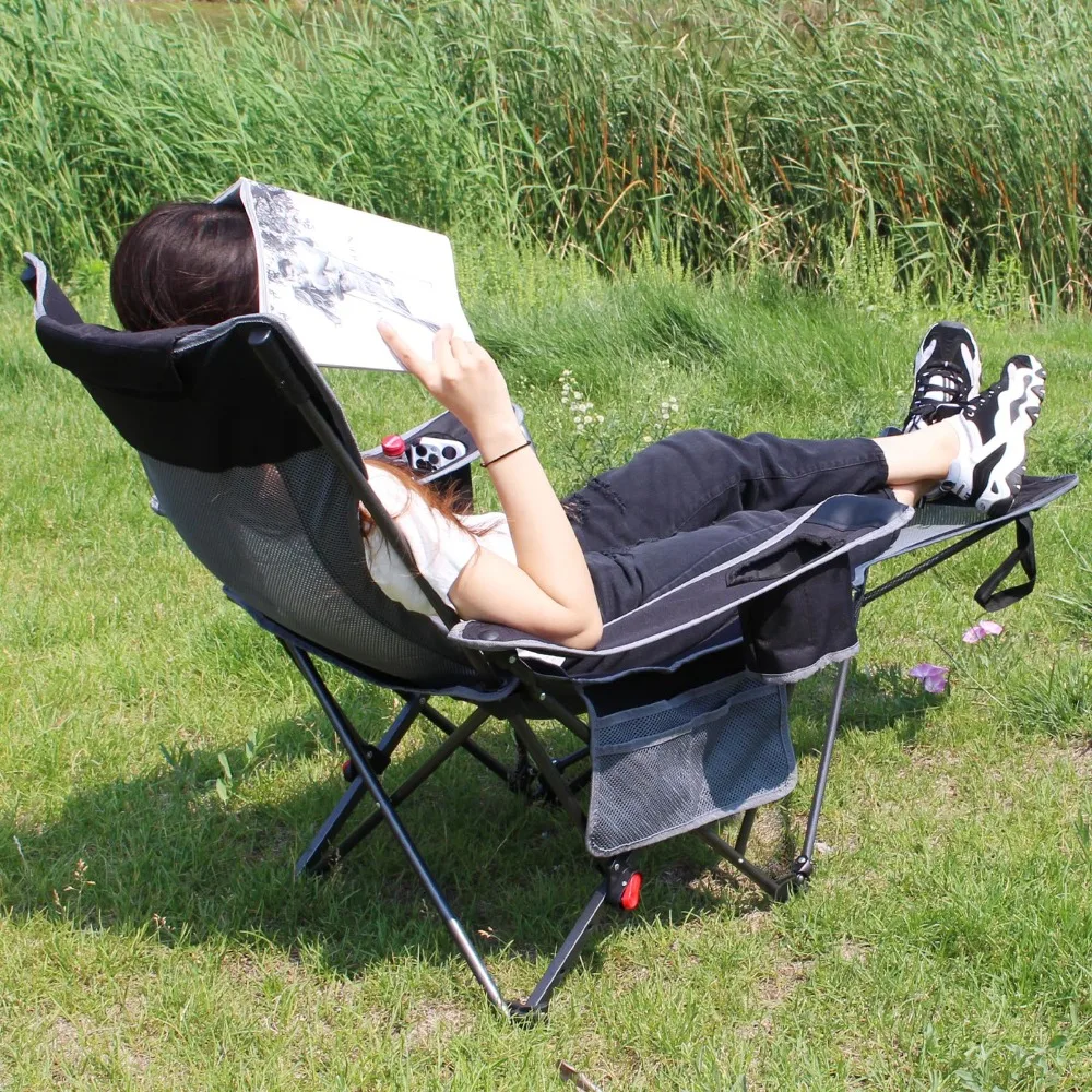 Reclining Camping Chair with Removable Footrest Lounge Chair with Headrest, Cotton Cushion, Portable Adjustable Folding Chairs