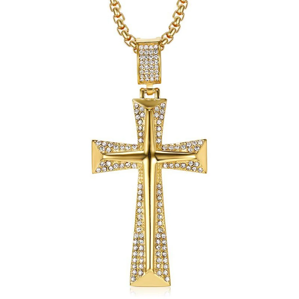 Iced Out Bling Cross Necklace For Men Gold Color CZ Cubic Zirconia Knight Cross Pendant Hip Hop Man Jewelry Gift Dropshipping