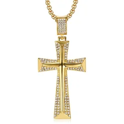 Iced Out Bling Cross Necklace For Men Gold Color CZ Cubic Zirconia Knight Cross Pendant Hip Hop Man Jewelry Gift Dropshipping