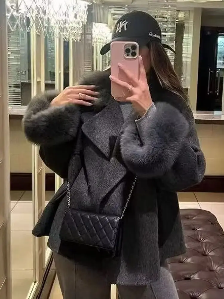 

HH Women's Winter Fashion Loose Versatile Fur Collar Short Jacket Female Temperament Street Casual Pocket Long Sleeve Coat Mujer