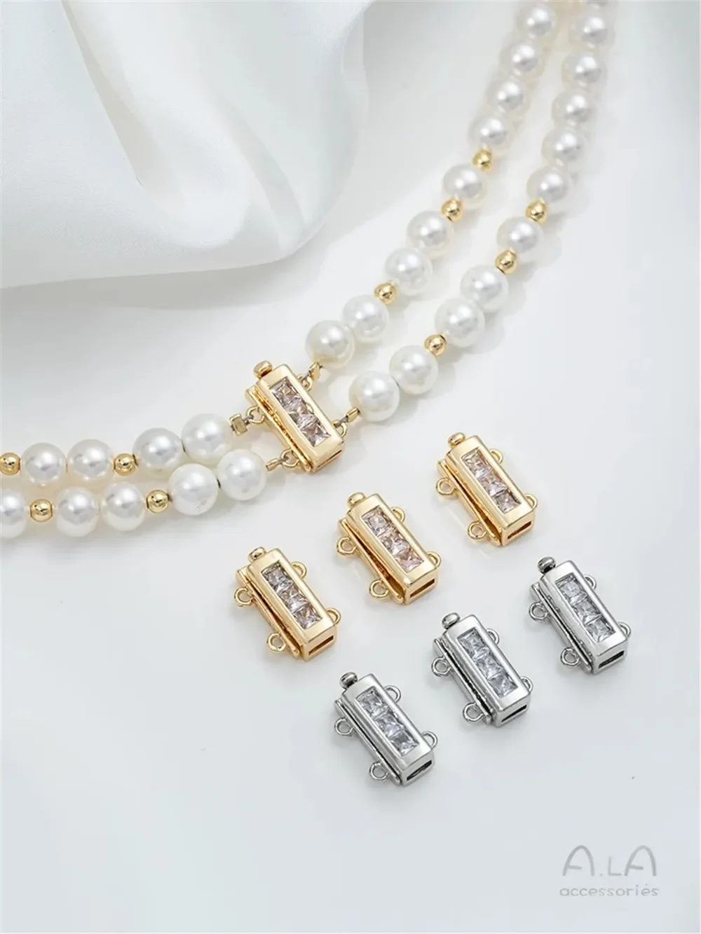 Hebilla de inserción de doble hilera Rectangular de circonio cuadrado de oro de 14K, pulsera de doble hebra DIY, collar, hebilla de conexión, hebilla de perla