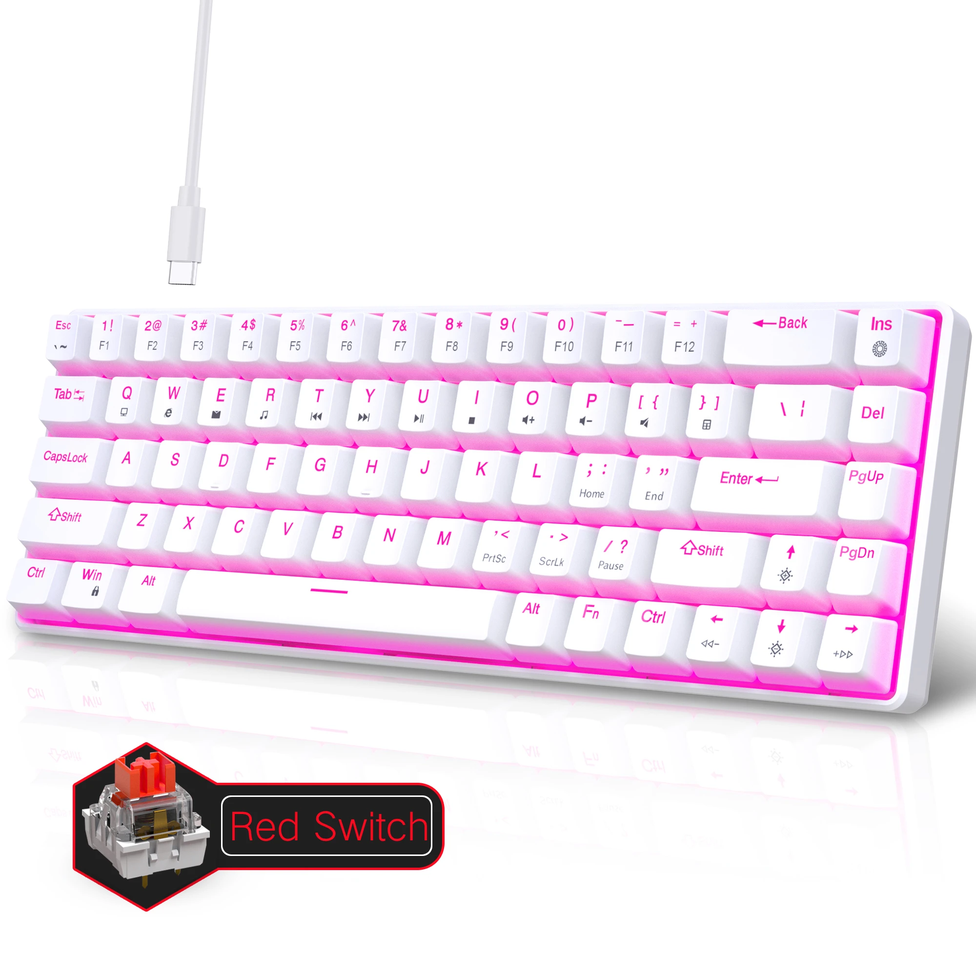 Imagem -01 - Teclado Mecânico para Jogos Led Rgb Retroiluminado Luz Rosa Hot Swappable Interruptor Vermelho Ergonómico 68 Teclas Compatível com pc Laptop Office teclado mecanico para jogos led rgb retroiluminado luz rosa hot swappable interruptor vermelho ergonomico 68 teclas compativel com pc laptop office 01