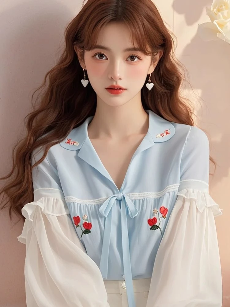 

French Sweet Blouses Peter Pan Collar Long Sleeve Patchwork Ruffles Embroidery Shirts Spring Autumn Design 2025 Women Clothing