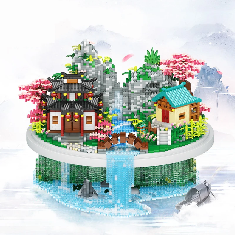 7626PCS Peach Blossom Waterfall Building Block Architecture Pavilion River Light DIY Model Micro Bricks Toy Friend Graduate Gift